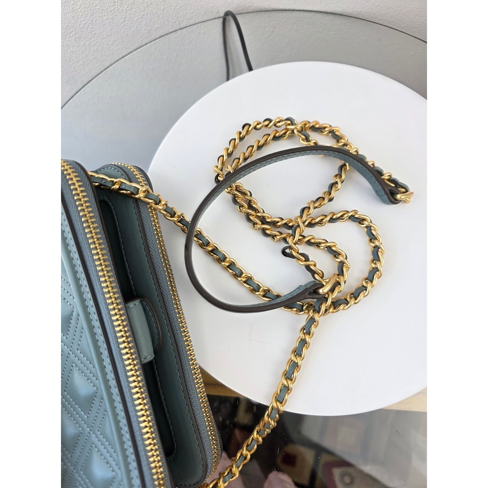 Tory Burch Fleming Soft Double-Zip Mini Bag Blue Grey Quilted Leather Crossbody - Picture 13 of 13